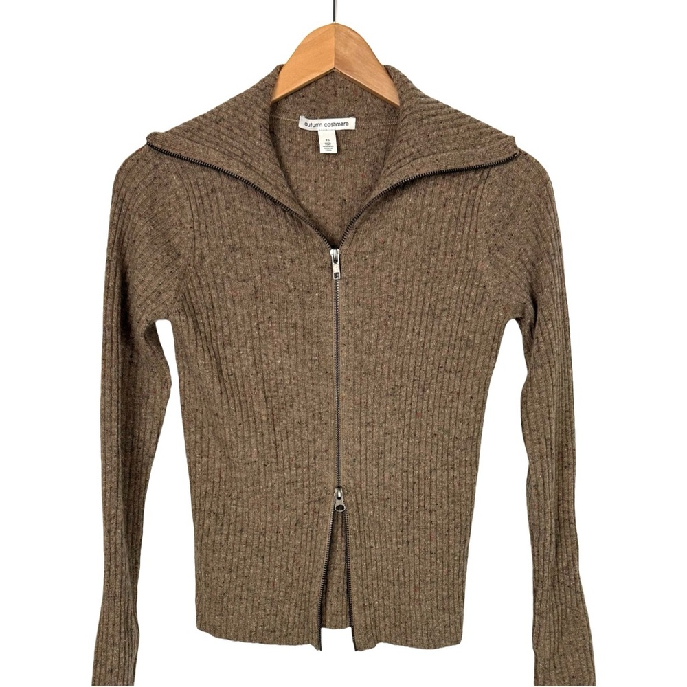 Autumn Cashmere Ribbed Zip Front Lay Back Collar Cardigan Brownie Size XS EUC - Picture 4 of 7